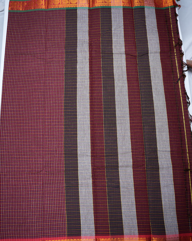 Narayanapet Mercerized Cotton Saree in Rich Wine Maroon Checks with Contrast Emerald Green Border | Soft Finish & Lightweight Drape