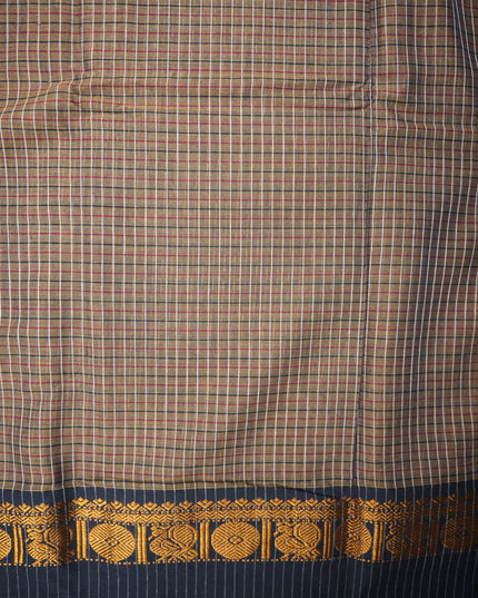 Narayanapet Mercerized Cotton Saree in Classic Stone Grey Checks with Black Temple Border | Soft Finish & Lightweight Drape