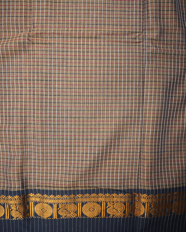 Narayanapet Mercerized Cotton Saree in Classic Stone Grey Checks with Black Temple Border | Soft Finish & Lightweight Drape