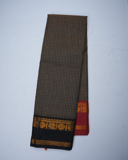 Narayanapet Mercerized Cotton Saree in Classic Stone Grey Checks with Black Temple Border | Soft Finish & Lightweight Drape