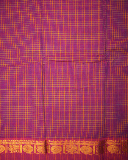 Narayanapet Mercerized Cotton Saree in Royal Purple Checks with Contrast Mustard Gold Border | Soft Finish & Lightweight Drape