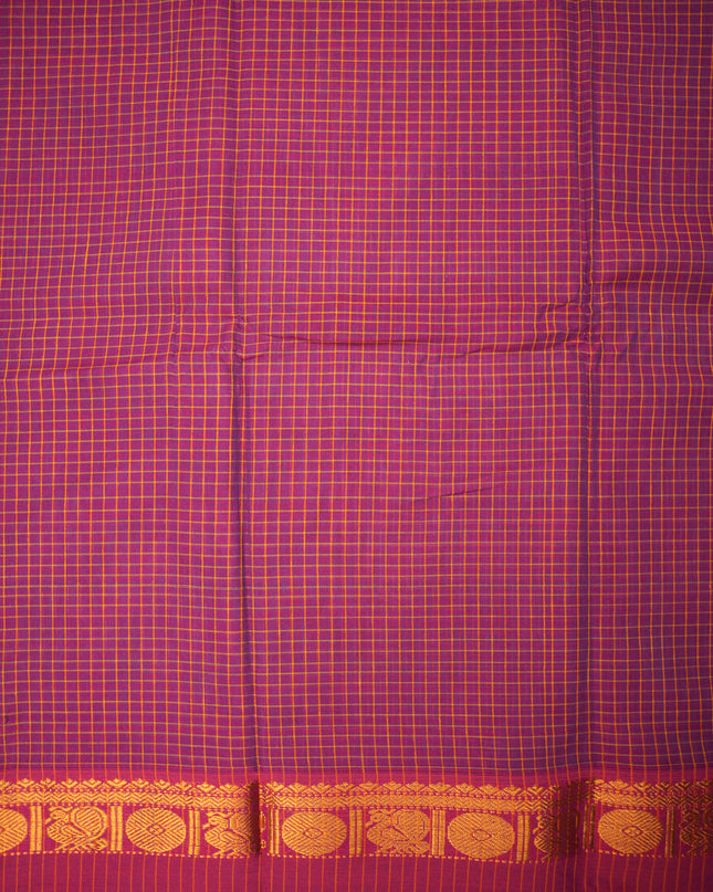 Narayanapet Mercerized Cotton Saree in Royal Purple Checks with Contrast Mustard Gold Border | Soft Finish & Lightweight Drape