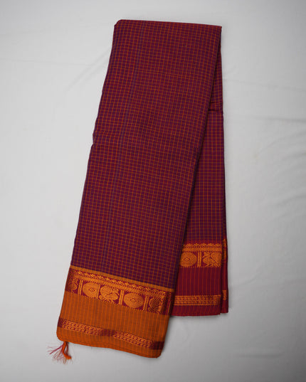 Narayanapet Mercerized Cotton Saree in Royal Purple Checks with Contrast Mustard Gold Border | Soft Finish & Lightweight Drape