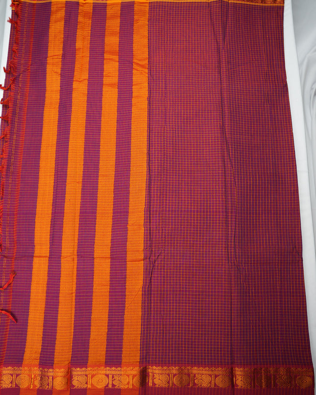 Narayanapet Mercerized Cotton Saree in Royal Purple Checks with Contrast Mustard Gold Border | Soft Finish & Lightweight Drape