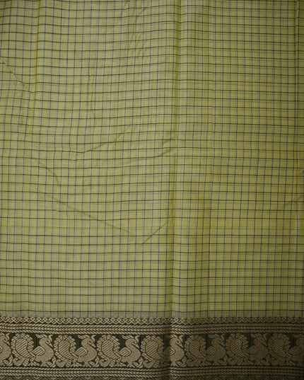 Narayanapet Mercerized Cotton Saree in Pastel Pistachio Green Checks with Elegant Peacock Zari Border | Soft Finish & Lightweight Drape