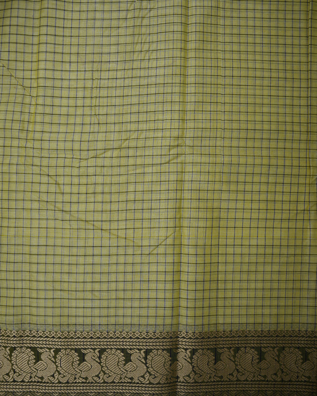 Narayanapet Mercerized Cotton Saree in Pastel Pistachio Green Checks with Elegant Peacock Zari Border | Soft Finish & Lightweight Drape