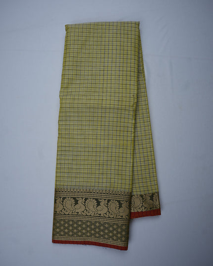 Narayanapet Mercerized Cotton Saree in Pastel Pistachio Green Checks with Elegant Peacock Zari Border | Soft Finish & Lightweight Drape