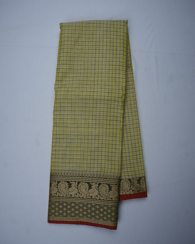 Narayanapet Mercerized Cotton Saree in Pastel Pistachio Green Checks with Elegant Peacock Zari Border | Soft Finish & Lightweight Drape