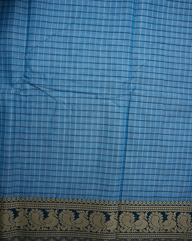 Narayanapet Mercerized Cotton Saree in Elegant Sky Blue Checks with Traditional Border | Soft Finish & Lightweight Drape
