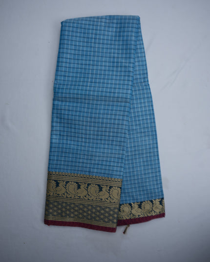 Narayanapet Mercerized Cotton Saree in Elegant Sky Blue Checks with Traditional Border | Soft Finish & Lightweight Drape