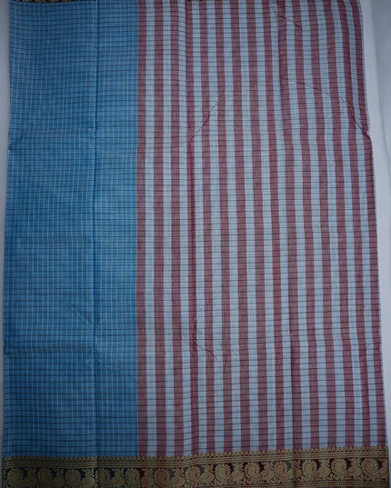 Narayanapet Mercerized Cotton Saree in Elegant Sky Blue Checks with Traditional Border | Soft Finish & Lightweight Drape