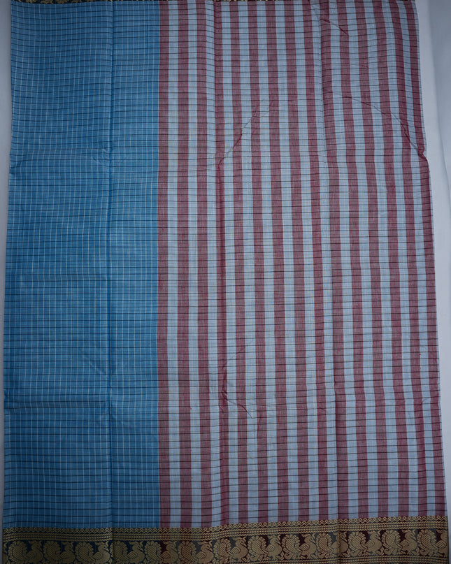 Narayanapet Mercerized Cotton Saree in Elegant Sky Blue Checks with Traditional Border | Soft Finish & Lightweight Drape