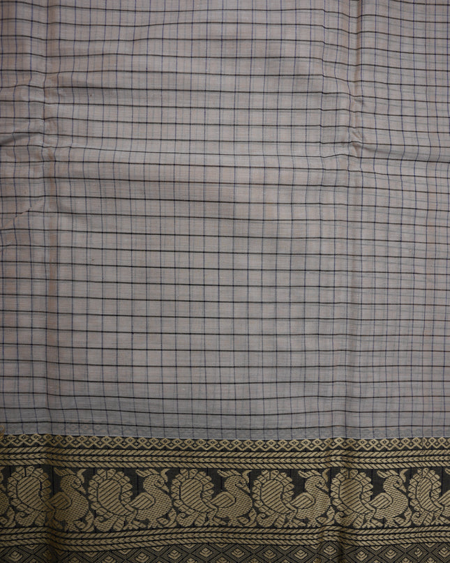 Narayanapet Mercerized Cotton Saree in Elegant Cream Beige Checks with Traditional Border | Soft Finish & Lightweight Drape