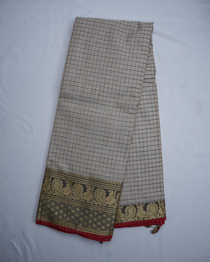 Narayanapet Mercerized Cotton Saree in Elegant Cream Beige Checks with Traditional Border | Soft Finish & Lightweight Drape
