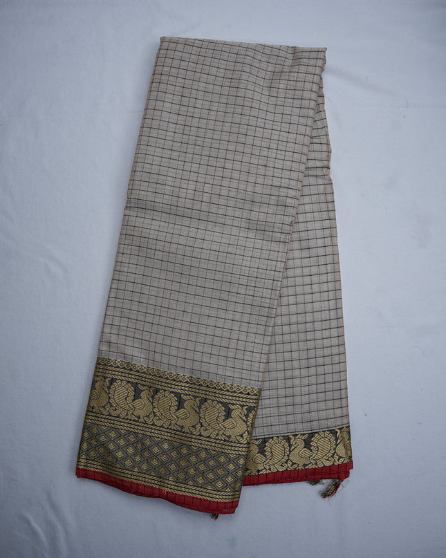 Narayanapet Mercerized Cotton Saree in Elegant Cream Beige Checks with Traditional Border | Soft Finish & Lightweight Drape