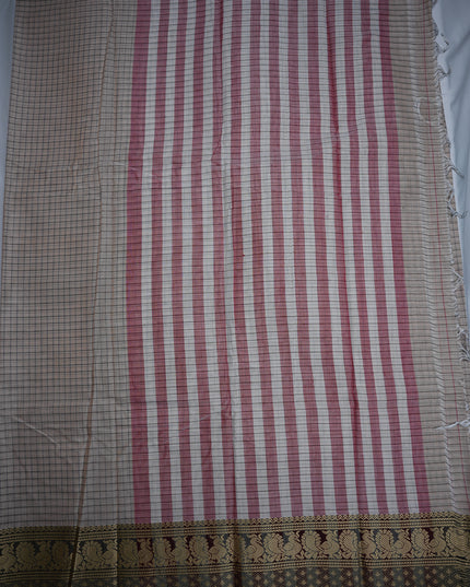 Narayanapet Mercerized Cotton Saree in Elegant Cream Beige Checks with Traditional Border | Soft Finish & Lightweight Drape