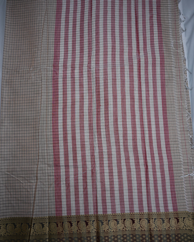 Narayanapet Mercerized Cotton Saree in Elegant Cream Beige Checks with Traditional Border | Soft Finish & Lightweight Drape