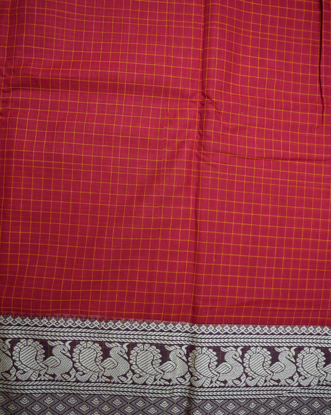 Narayanapet Mercerized Cotton Saree in Vibrant Rani Pink Checks with Traditional Border | Soft Finish & Lightweight Drape