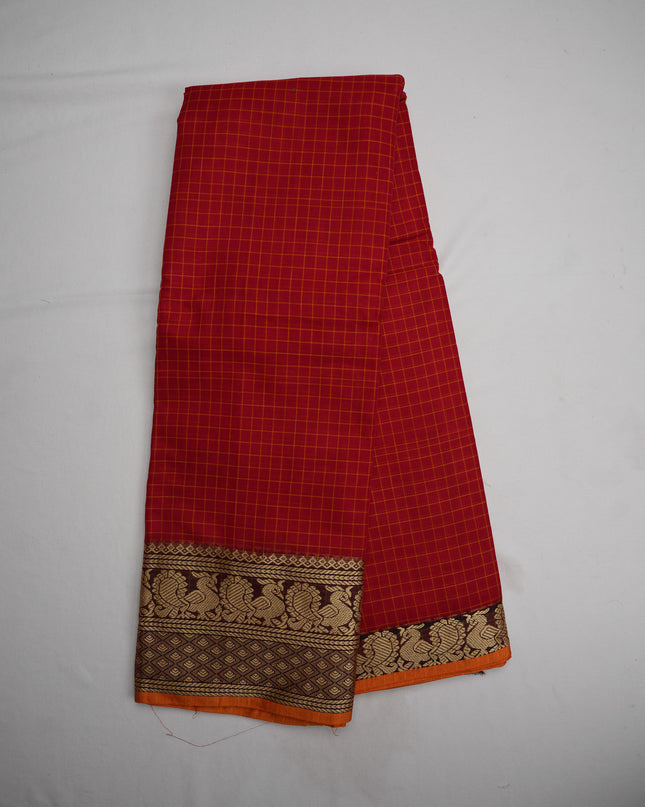 Narayanapet Mercerized Cotton Saree in Vibrant Rani Pink Checks with Traditional Border | Soft Finish & Lightweight Drape