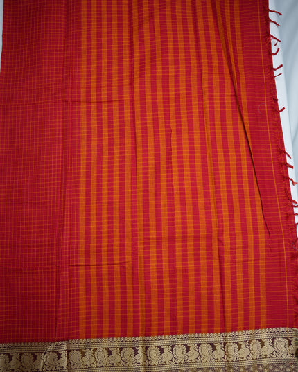 Narayanapet Mercerized Cotton Saree in Vibrant Rani Pink Checks with Traditional Border | Soft Finish & Lightweight Drape