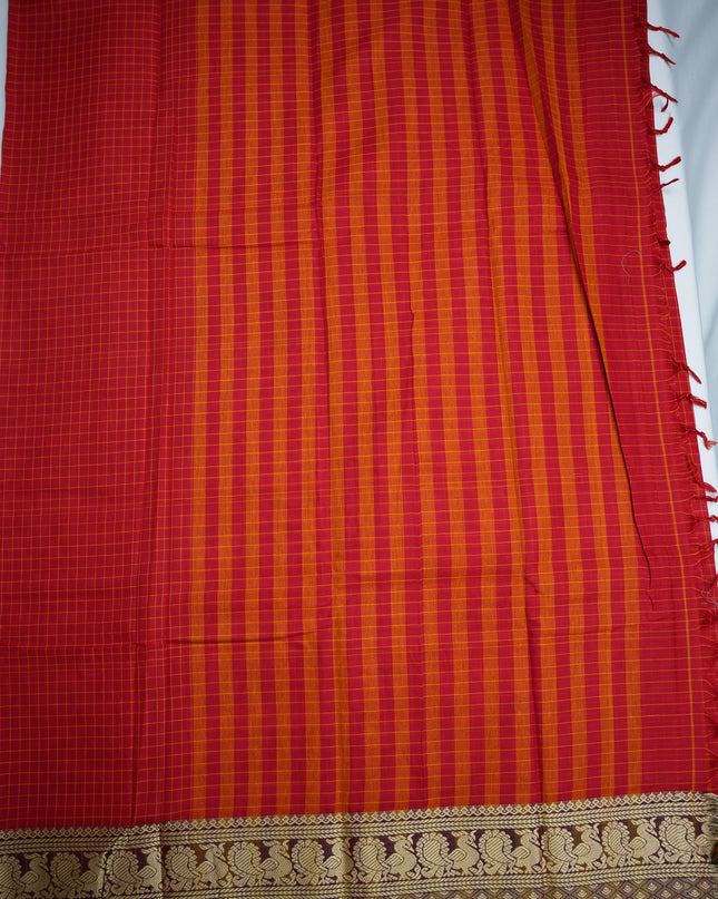 Narayanapet Mercerized Cotton Saree in Vibrant Rani Pink Checks with Traditional Border | Soft Finish & Lightweight Drape