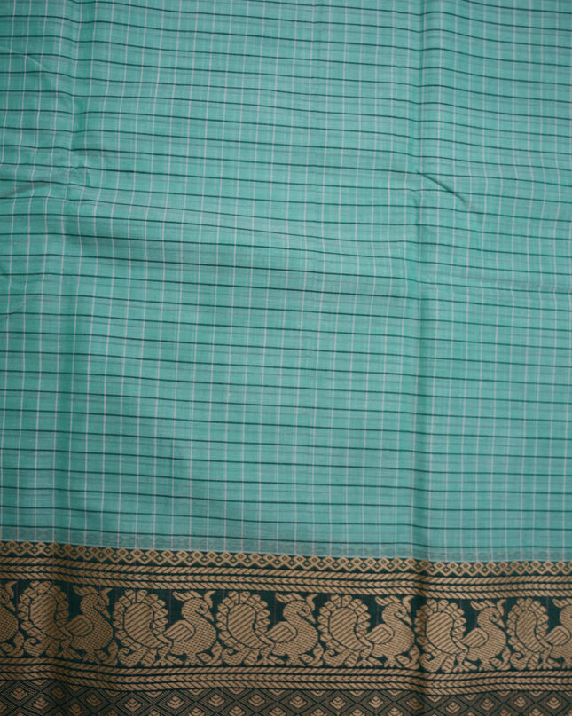 Narayanapet Mercerized Cotton Saree in Elegant Mint Green Checks with Traditional Border | Soft Finish & Lightweight Drape