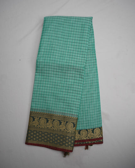 Narayanapet Mercerized Cotton Saree in Elegant Mint Green Checks with Traditional Border | Soft Finish & Lightweight Drape