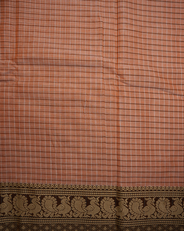 Narayanapet Mercerized Cotton Saree in Elegant Peach Apricot Checks with Traditional Border | Soft Finish & Lightweight Drape