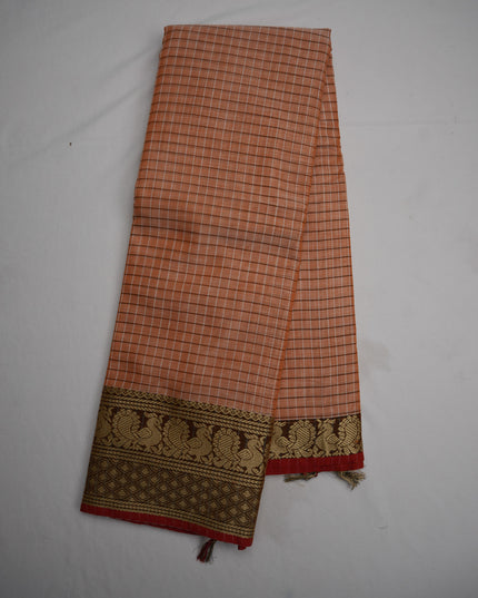 Narayanapet Mercerized Cotton Saree in Elegant Peach Apricot Checks with Traditional Border | Soft Finish & Lightweight Drape