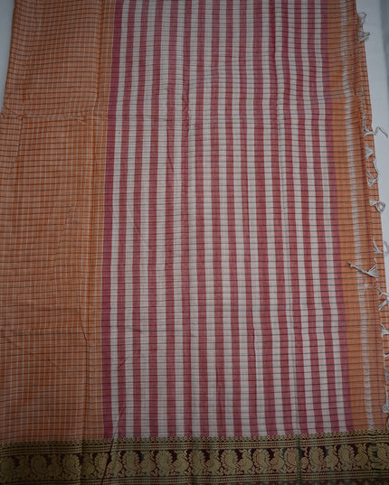 Narayanapet Mercerized Cotton Saree in Elegant Peach Apricot Checks with Traditional Border | Soft Finish & Lightweight Drape