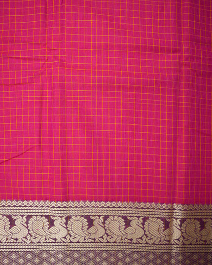 Narayanapet Mercerized Cotton Saree in Vibrant Rani Pink Checks with Elegant Peacock Zari Border | Soft Finish & Lightweight Drape