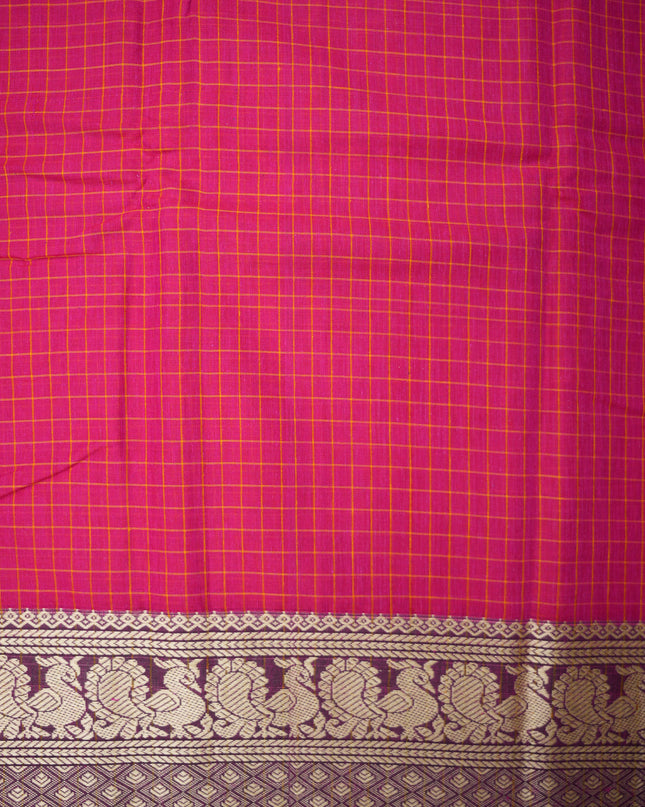 Narayanapet Mercerized Cotton Saree in Vibrant Rani Pink Checks with Elegant Peacock Zari Border | Soft Finish & Lightweight Drape