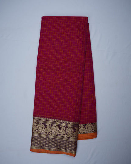 Narayanapet Mercerized Cotton Saree in Vibrant Rani Pink Checks with Elegant Peacock Zari Border | Soft Finish & Lightweight Drape