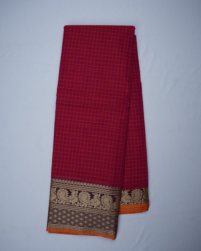 Narayanapet Mercerized Cotton Saree in Vibrant Rani Pink Checks with Elegant Peacock Zari Border | Soft Finish & Lightweight Drape
