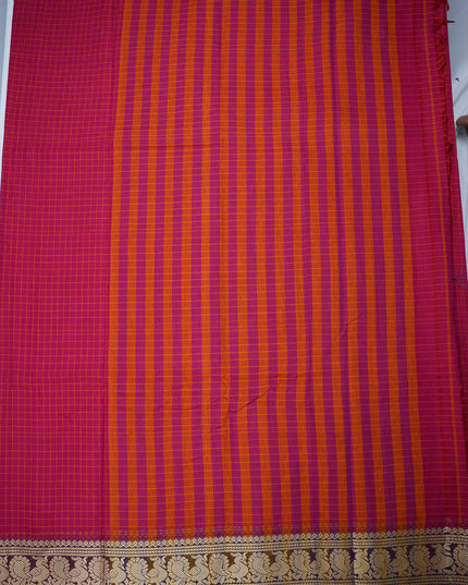 Narayanapet Mercerized Cotton Saree in Vibrant Rani Pink Checks with Elegant Peacock Zari Border | Soft Finish & Lightweight Drape