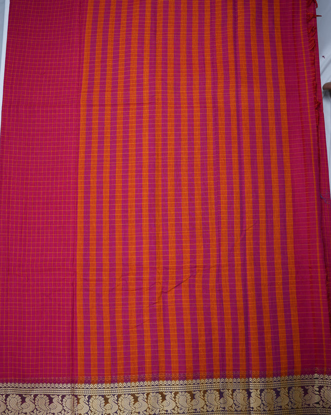 Narayanapet Mercerized Cotton Saree in Vibrant Rani Pink Checks with Elegant Peacock Zari Border | Soft Finish & Lightweight Drape