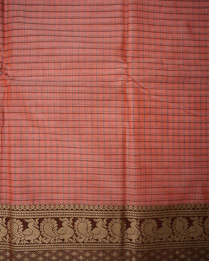 Narayanapet Mercerized Cotton Saree in Elegant Salmon Pink Checks with Traditional Border | Soft Finish & Lightweight Drape
