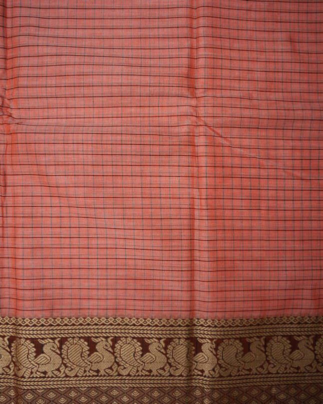 Narayanapet Mercerized Cotton Saree in Elegant Salmon Pink Checks with Traditional Border | Soft Finish & Lightweight Drape