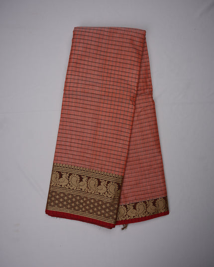 Narayanapet Mercerized Cotton Saree in Elegant Salmon Pink Checks with Traditional Border | Soft Finish & Lightweight Drape