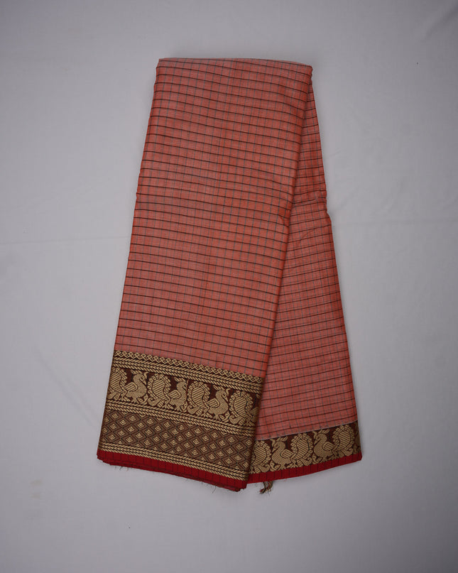 Narayanapet Mercerized Cotton Saree in Elegant Salmon Pink Checks with Traditional Border | Soft Finish & Lightweight Drape