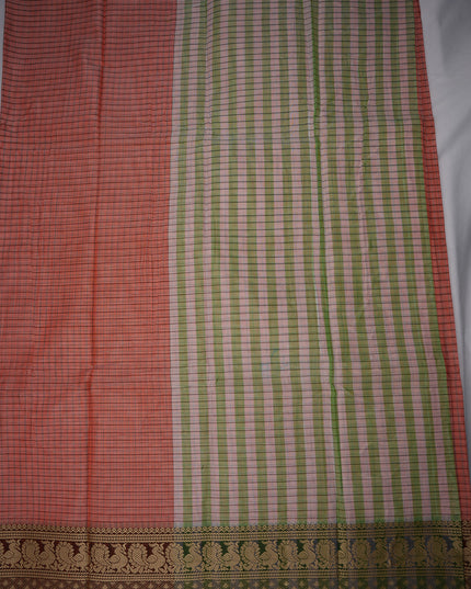 Narayanapet Mercerized Cotton Saree in Elegant Salmon Pink Checks with Traditional Border | Soft Finish & Lightweight Drape