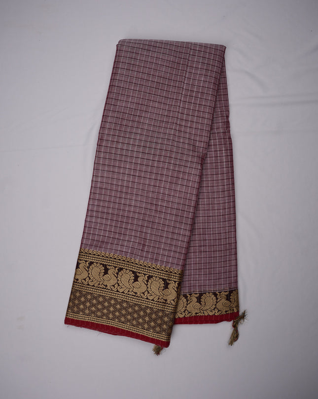 Narayanapet Mercerized Cotton Saree in Elegant Dusty Mauve Checks with Traditional Border | Soft Finish & Lightweight Drape