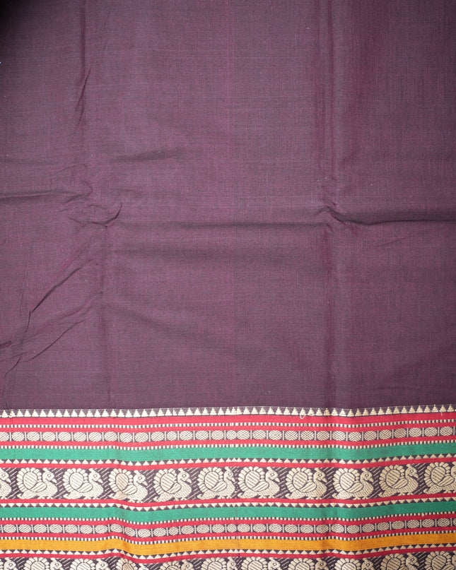 Elegant Peacock Zari Border | Soft Finish & Lightweight Drape  Narayanapet Mercerized Cotton Saree in Deep Wine Maroon with Traditional Peacock Zari Border | Soft Finish & Lightweight Drape
