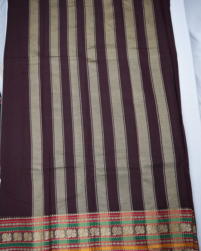 Elegant Peacock Zari Border | Soft Finish & Lightweight Drape  Narayanapet Mercerized Cotton Saree in Deep Wine Maroon with Traditional Peacock Zari Border | Soft Finish & Lightweight Drape