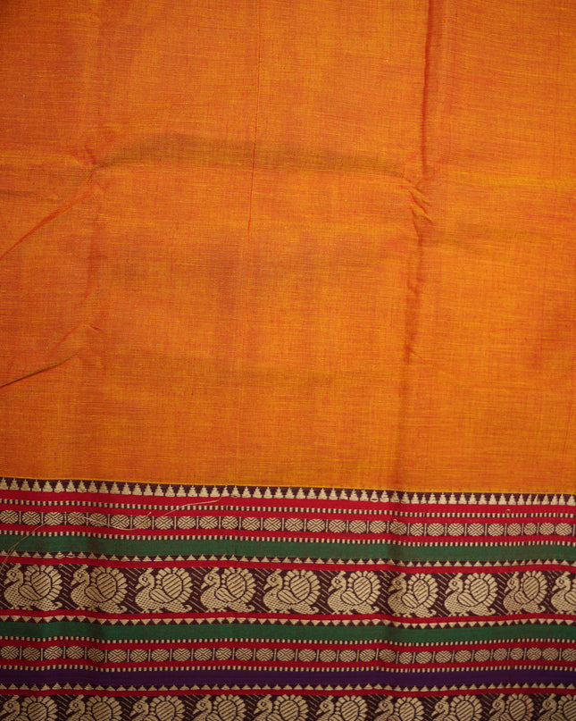 Narayanapet Mercerized Cotton Saree in Vibrant Marigold Orange with Traditional Border | Soft Finish & Lightweight Drape