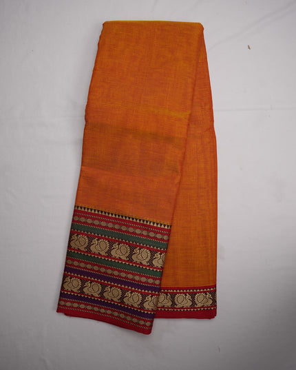 Narayanapet Mercerized Cotton Saree in Vibrant Marigold Orange with Traditional Border | Soft Finish & Lightweight Drape