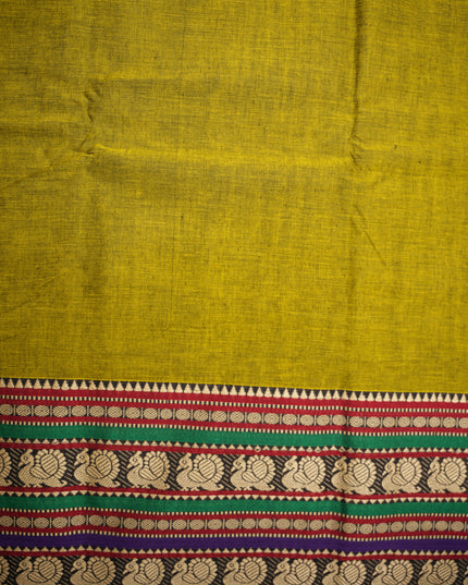Narayanapet Mercerized Cotton Saree in Elegant Olive Mustard Green with Traditional Border | Soft Finish & Lightweight Drape