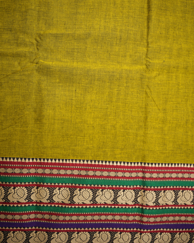 Narayanapet Mercerized Cotton Saree in Elegant Olive Mustard Green with Traditional Border | Soft Finish & Lightweight Drape