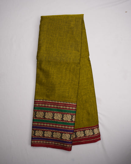 Narayanapet Mercerized Cotton Saree in Elegant Olive Mustard Green with Traditional Border | Soft Finish & Lightweight Drape