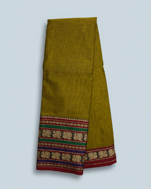 Narayanapet Mercerized Cotton Saree in Elegant Olive Mustard Green with Traditional Border | Soft Finish & Lightweight Drape